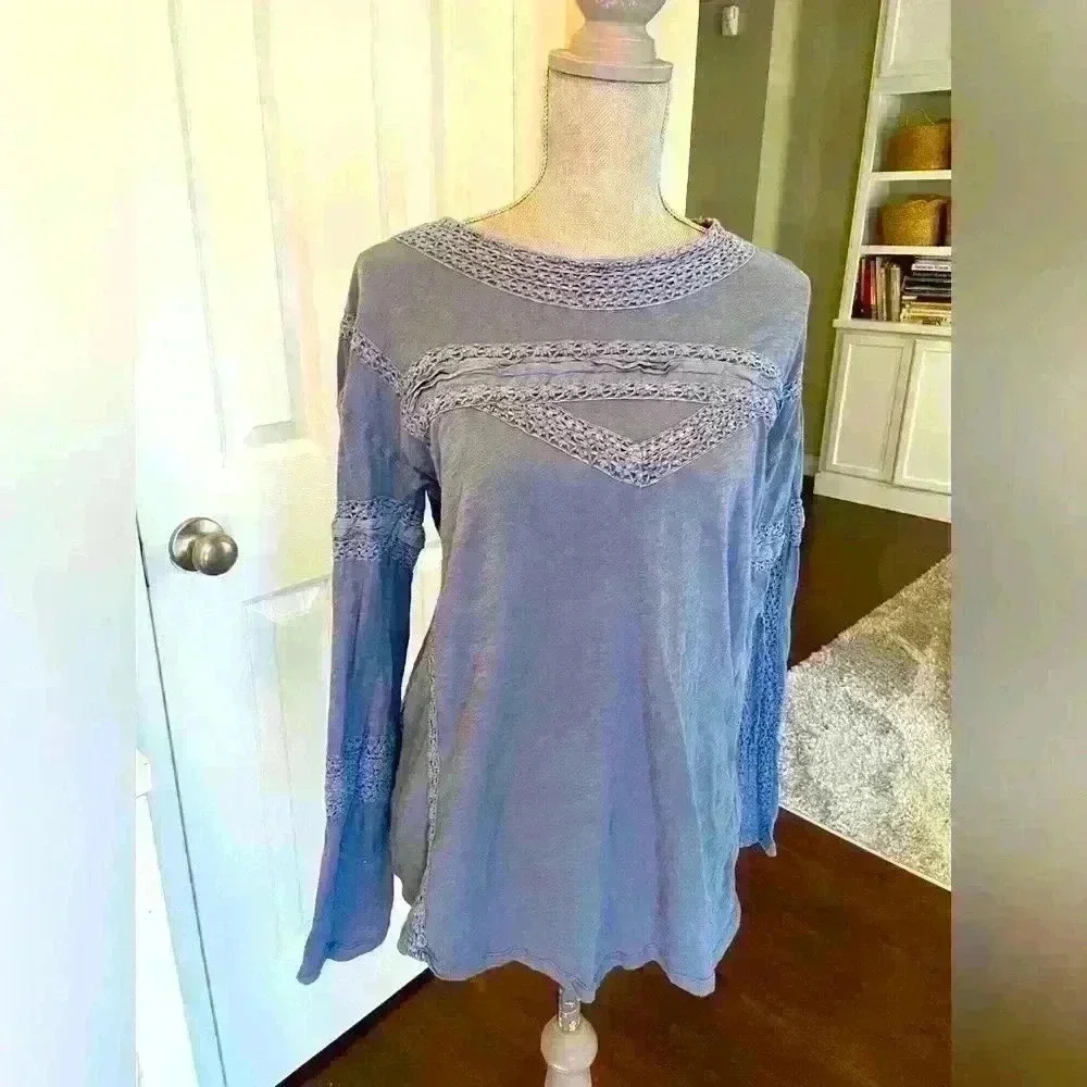 Free People Blue Boy Meets Girl Crochet Trim Top Small Pacific Coast Blue EUC